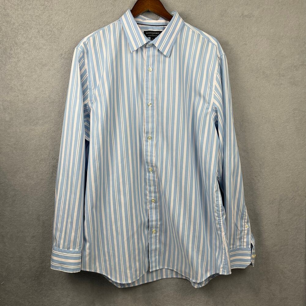 Banana Republic Mens Button Up Dress Shirt XL 17-17.5 Slim Blue Stripe Non Iron